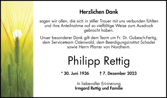 Traueranzeige von Philipp Rettig von Bergsträßer Anzeiger