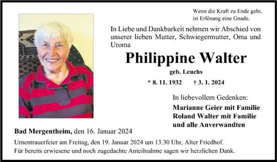 Traueranzeige von Philippine Walter von Fränkische Nachrichten