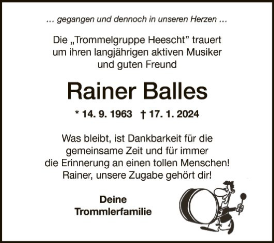 Traueranzeige von Rainer Balles von Fränkische Nachrichten