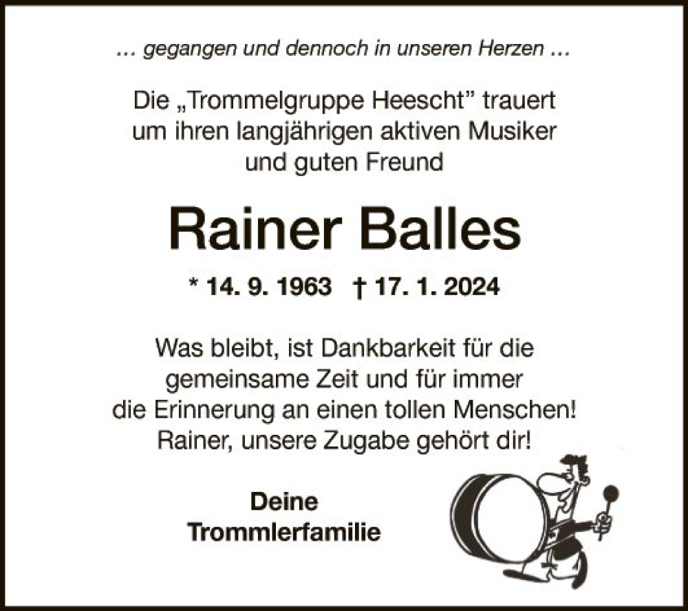  Traueranzeige für Rainer Balles vom 23.01.2024 aus Fränkische Nachrichten