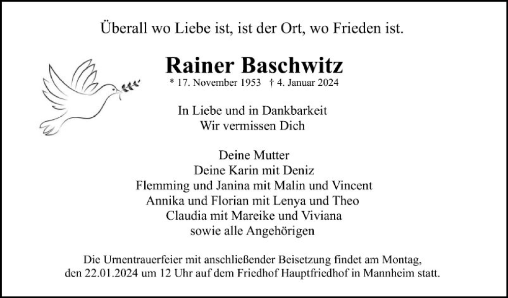  Traueranzeige für Rainer Baschwitz vom 13.01.2024 aus Mannheimer Morgen