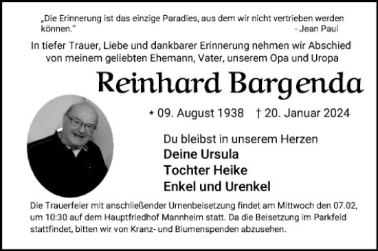 Traueranzeige von Reinhard Bargenda von Bergsträßer Anzeiger