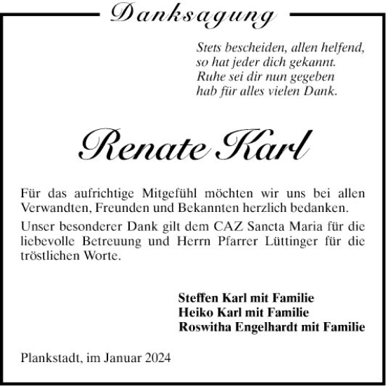 Traueranzeige von Renate Karl von Schwetzinger Zeitung