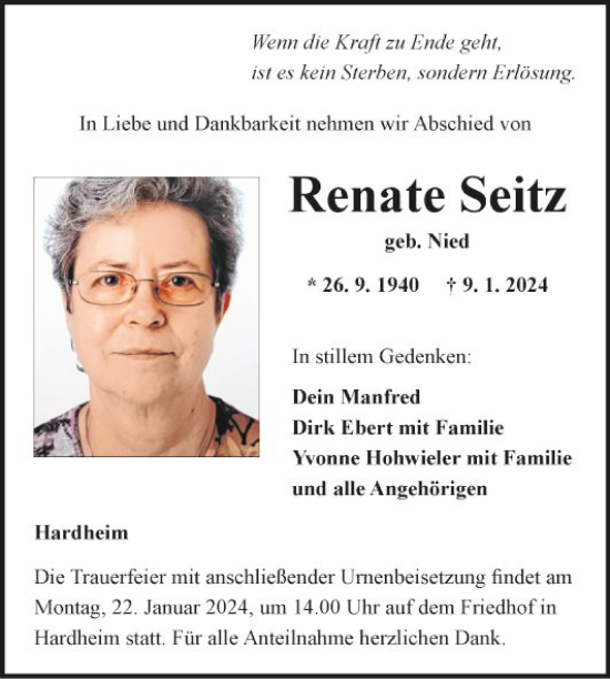 Traueranzeige von Renate Seitz von Fränkische Nachrichten