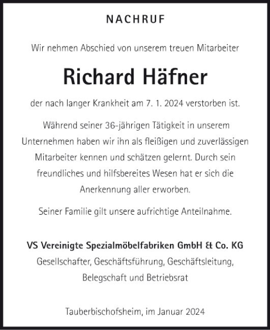 Traueranzeige von Richard Häfner von Fränkische Nachrichten