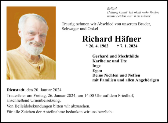 Traueranzeige von Richard Häfner von Fränkische Nachrichten