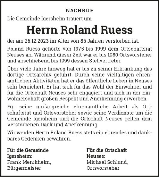 Traueranzeige von Roland Ruess von Fränkische Nachrichten