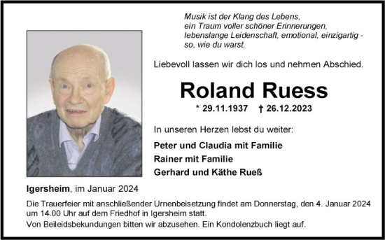 Traueranzeige von Roland Ruess von Fränkische Nachrichten