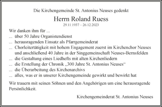 Traueranzeige von Roland Ruess von Fränkische Nachrichten