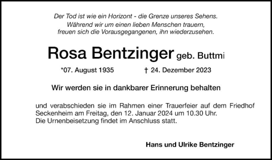 Traueranzeige von Rosa Bentzinger von Mannheimer Morgen