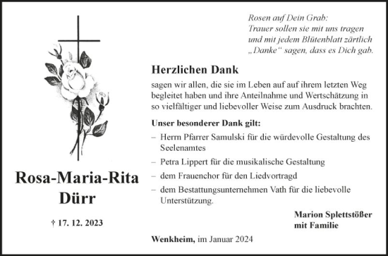 Traueranzeige von Rosa-Maria-Rita Dürr von Fränkische Nachrichten