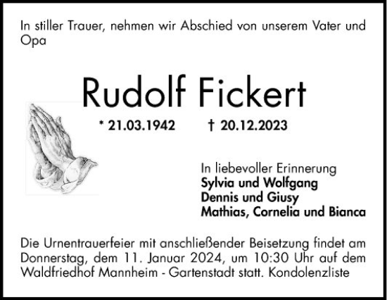 Traueranzeige von Rudolf Fickert von Mannheimer Morgen