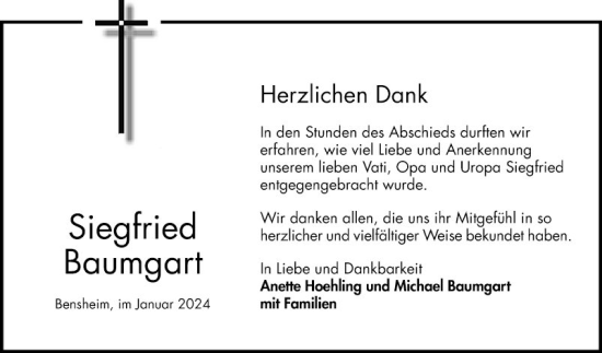 Traueranzeige von Siegfried Baumgart von Bergsträßer Anzeiger