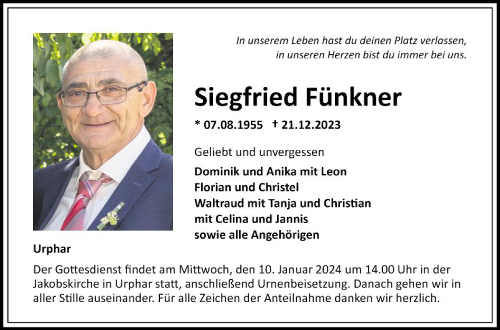  Traueranzeige für Siegfried Fünkner vom 05.01.2024 aus Fränkische Nachrichten