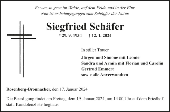 Traueranzeige von Siegfried Schäfer von Fränkische Nachrichten