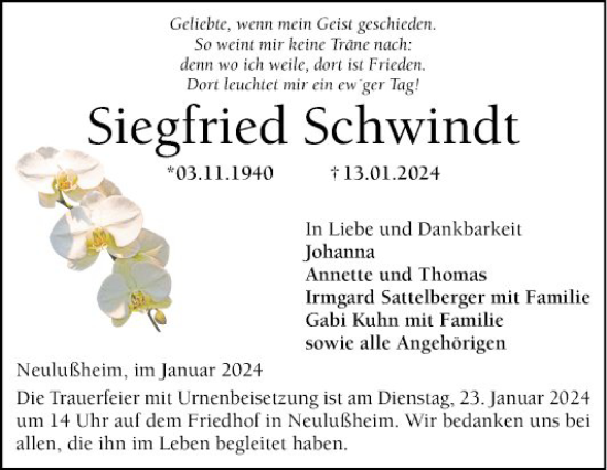 Traueranzeige von Siegfried Schwindt von Schwetzinger Zeitung