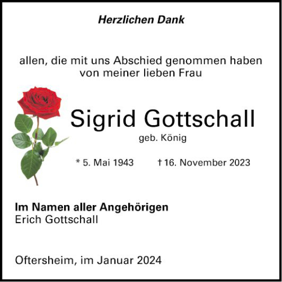 Traueranzeige von Sigrid Gottschall von Schwetzinger Zeitung