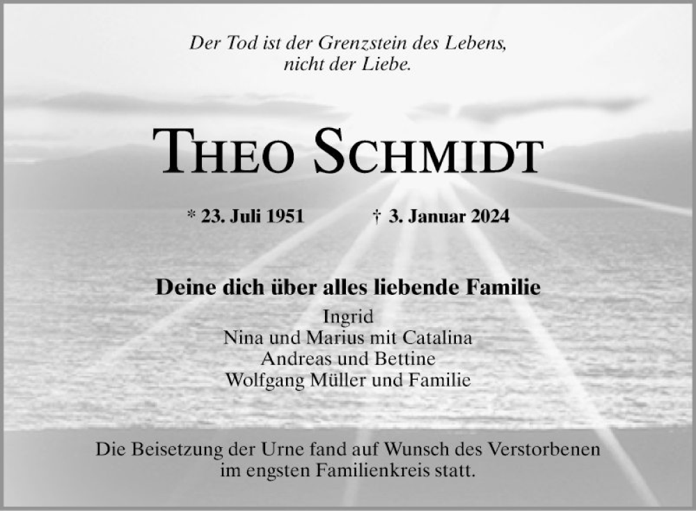  Traueranzeige für Theo Schmidt vom 16.01.2024 aus Schwetzinger Zeitung