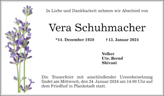 Traueranzeige von Vera Schuhmacher von Schwetzinger Zeitung