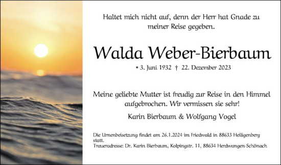 Traueranzeige von Walda Weber-Bierbaum von Mannheimer Morgen