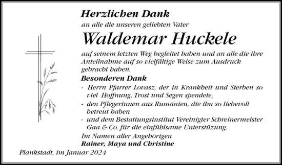 Traueranzeige von Waldemar Huckele von Schwetzinger Zeitung