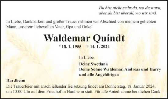 Traueranzeige von Waldemar Quindt von Fränkische Nachrichten