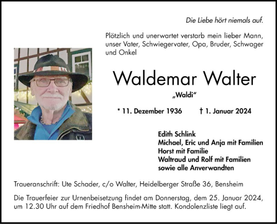 Traueranzeige von Waldemar Walter von Bergsträßer Anzeiger