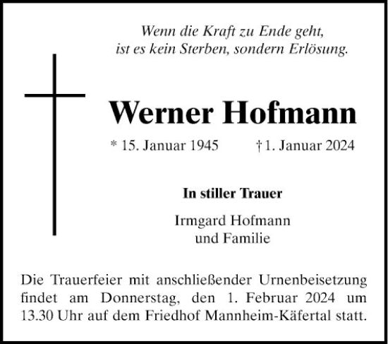 Traueranzeige von Werner Hofmann von Mannheimer Morgen