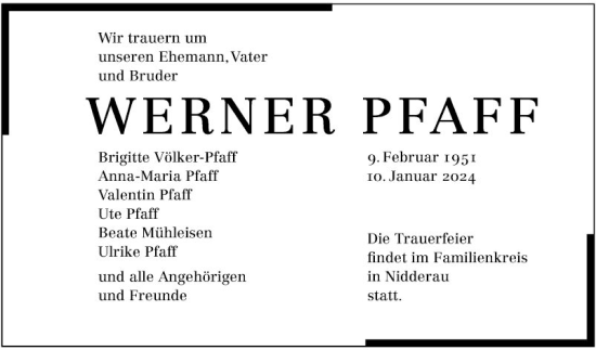 Traueranzeige von Werner Pfaff von Schwetzinger Zeitung