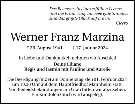 Traueranzeige von Werner Franz Marzina von Mannheimer Morgen