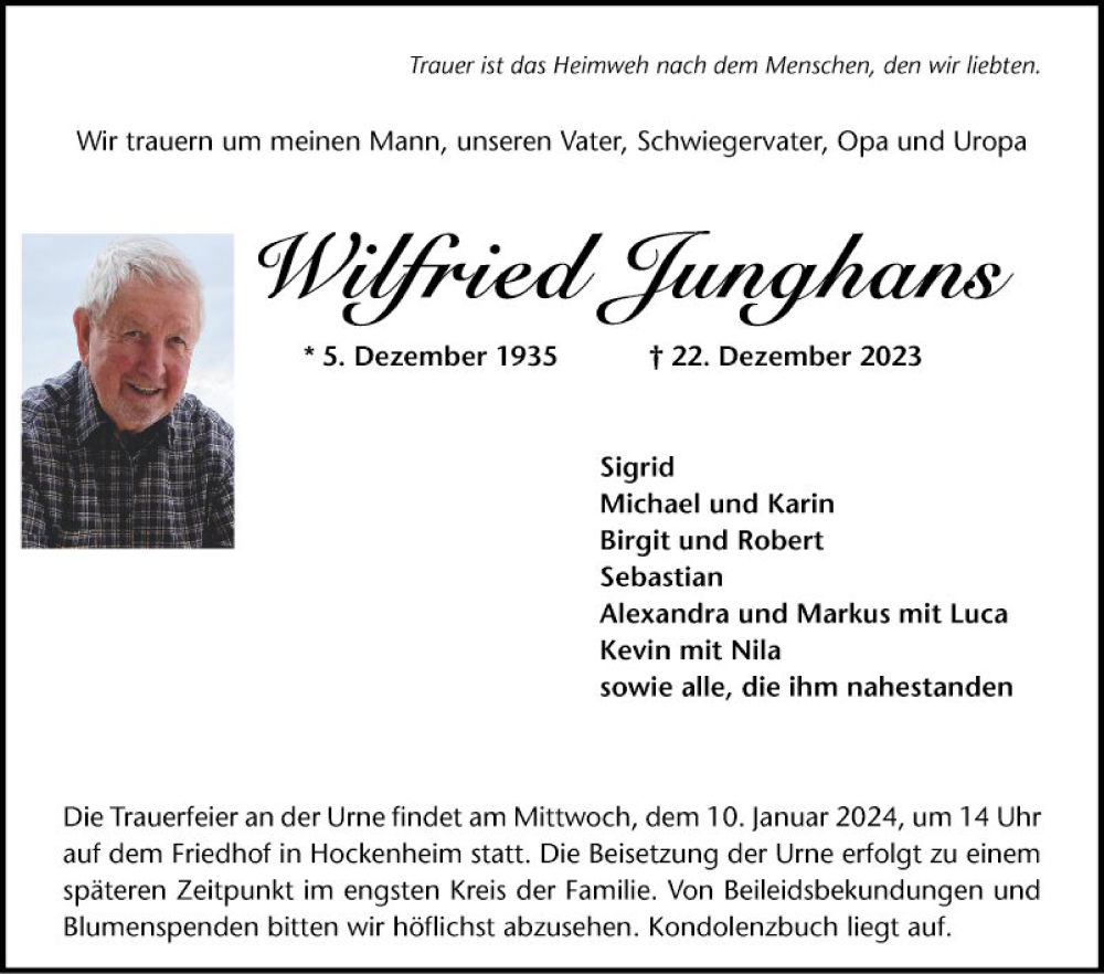 Traueranzeigen von Wilfried Junghans Trauerportal Ihrer Tageszeitung