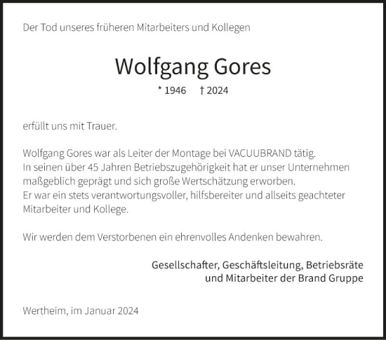 Traueranzeige von Wolfgang Gores von Fränkische Nachrichten