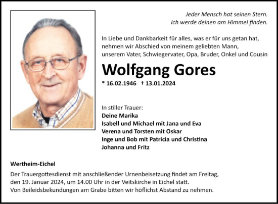 Traueranzeige von Wolfgang Gores von Fränkische Nachrichten