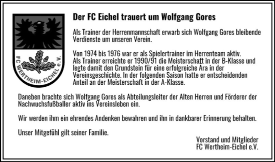 Traueranzeige von Wolfgang Gores von Fränkische Nachrichten