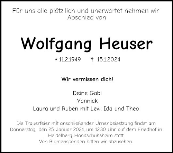 Traueranzeige von Wolfgang Heuser von Mannheimer Morgen