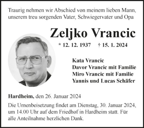 Traueranzeige von Zeljko Vrancic von Fränkische Nachrichten