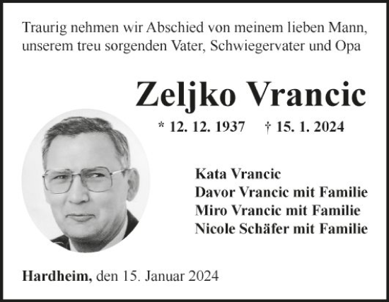 Traueranzeige von Zeljko Vrancie von Fränkische Nachrichten