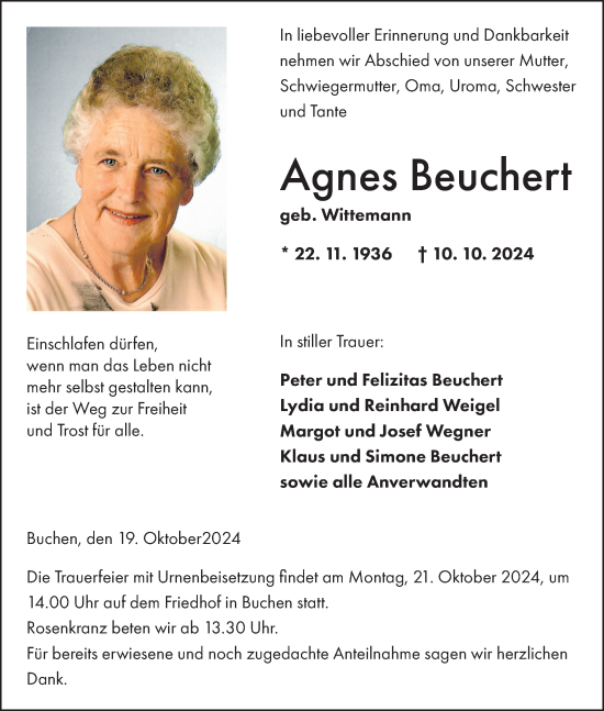 Traueranzeige von Agnes Beuchert von Fränkische Nachrichten