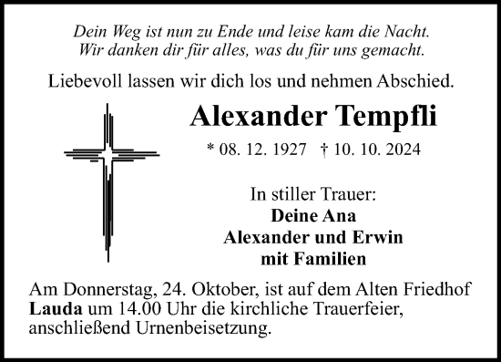 Traueranzeige von Alexander Tempfli von Fränkische Nachrichten