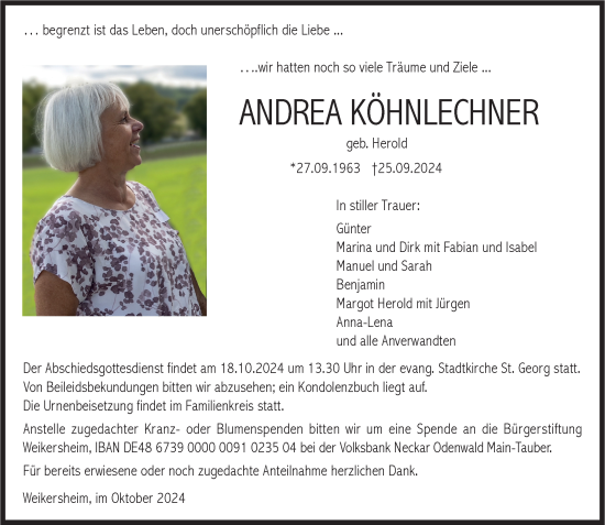 Traueranzeige von Andrea Köhnlechner von Fränkische Nachrichten