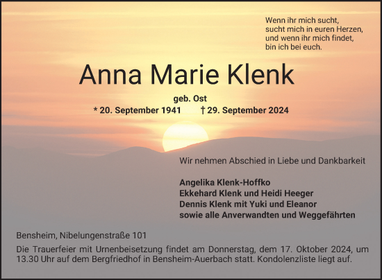 Traueranzeige von Anna Maria Klenk von Bergsträßer Anzeiger