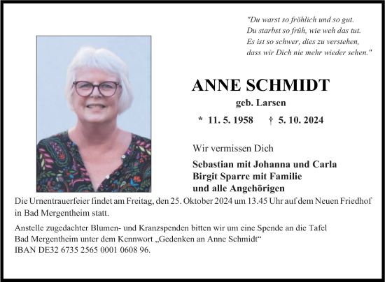 Traueranzeige von Anne Schmidt von Fränkische Nachrichten