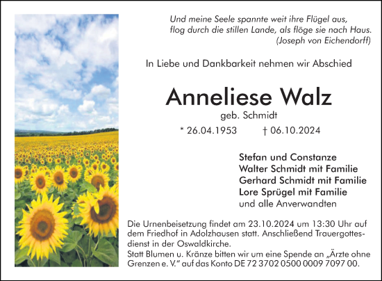 Traueranzeige von Anneliese Walz von Fränkische Nachrichten