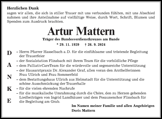 Traueranzeige von Artur Mattern von Fränkische Nachrichten