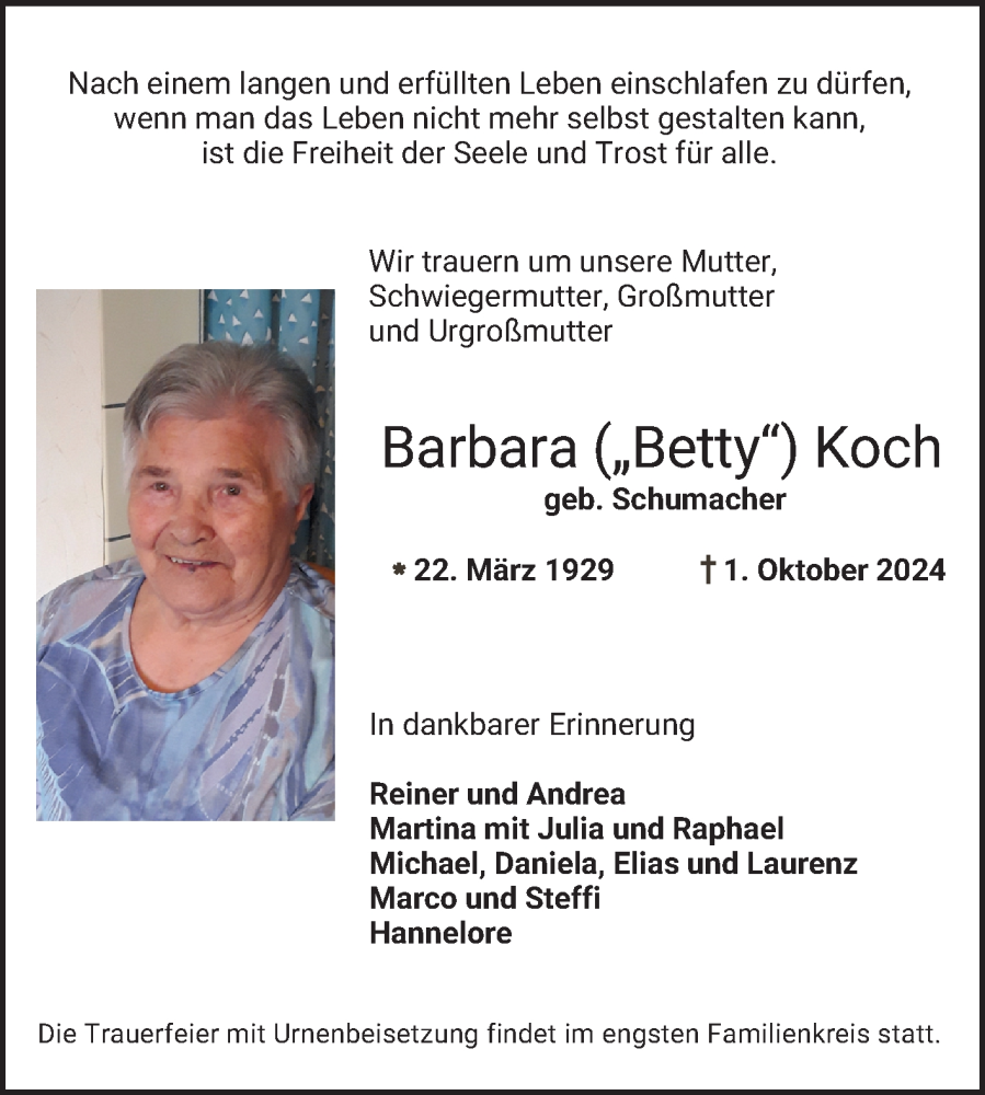  Traueranzeige für Barbara Koch vom 05.10.2024 aus Bergsträßer Anzeiger