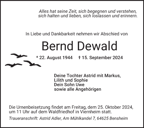 Traueranzeige von Bernd Dewald von Mannheimer Morgen