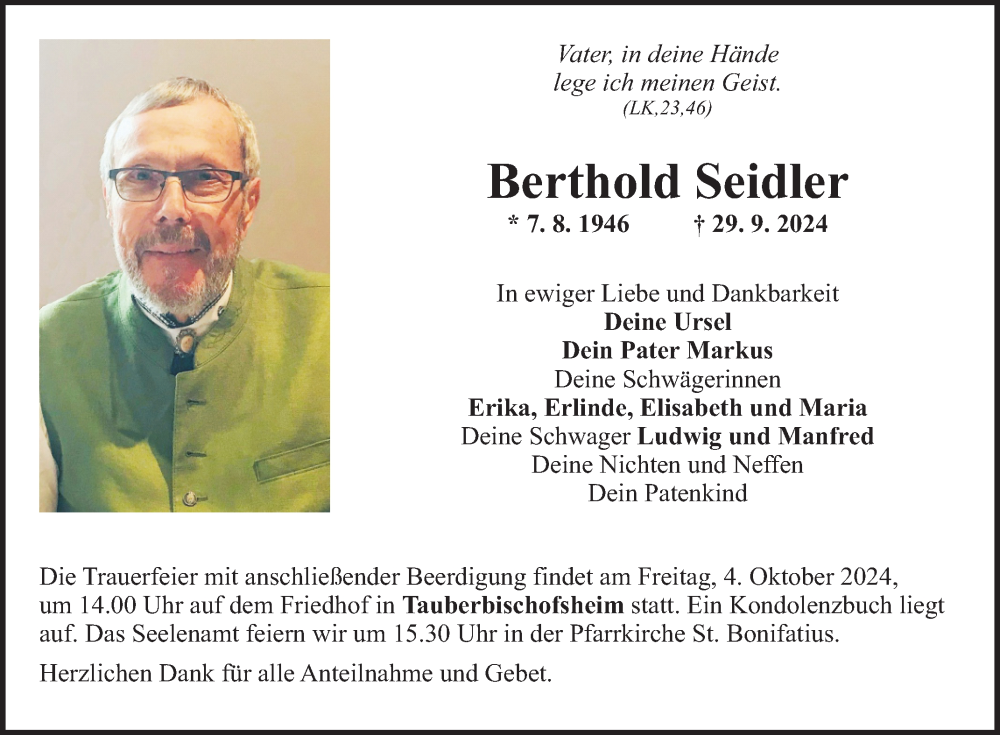  Traueranzeige für Berthold Seidler vom 02.10.2024 aus Fränkische Nachrichten