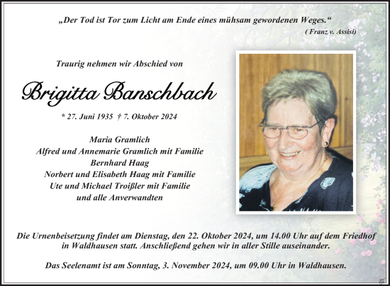 Traueranzeige von Brigitta Banschbach von Fränkische Nachrichten