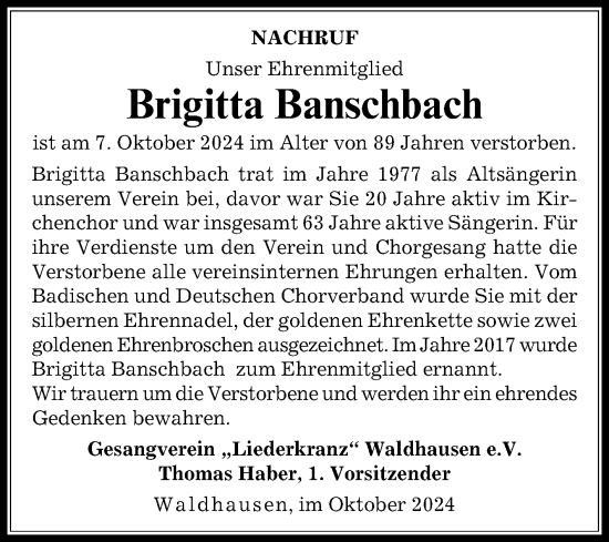 Traueranzeige von Brigitta Banschbach von Fränkische Nachrichten