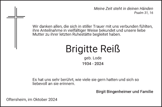 Traueranzeige von Brigitte Reiß von Schwetzinger Zeitung